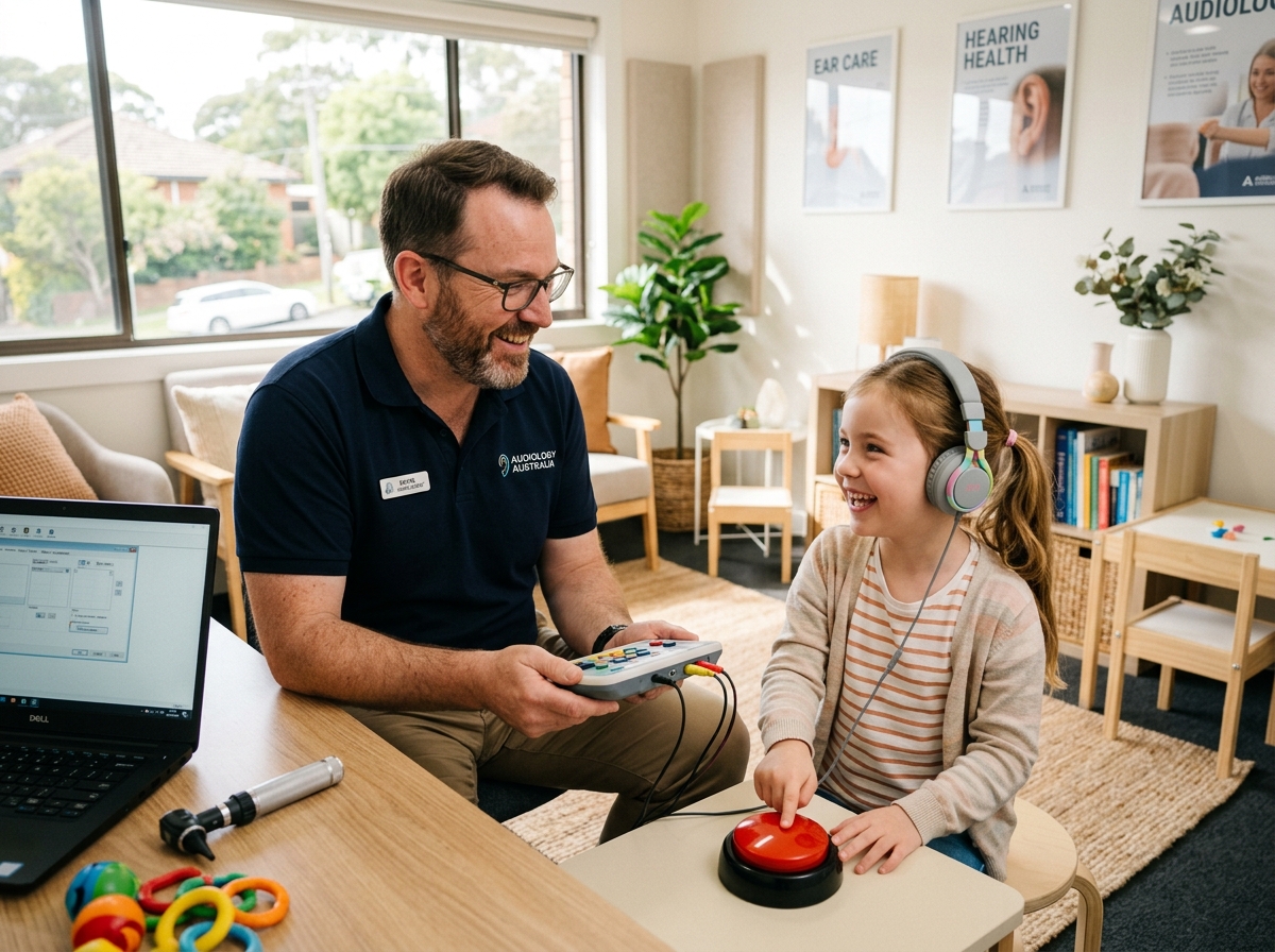 Audiologist gently assessing child hearing in friendly Melbourne clinic