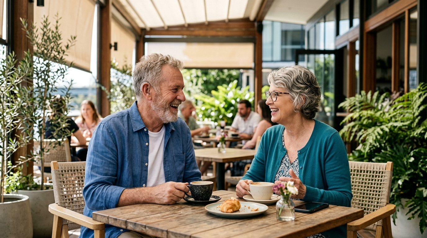 Older couple laughing together over coffee at a café