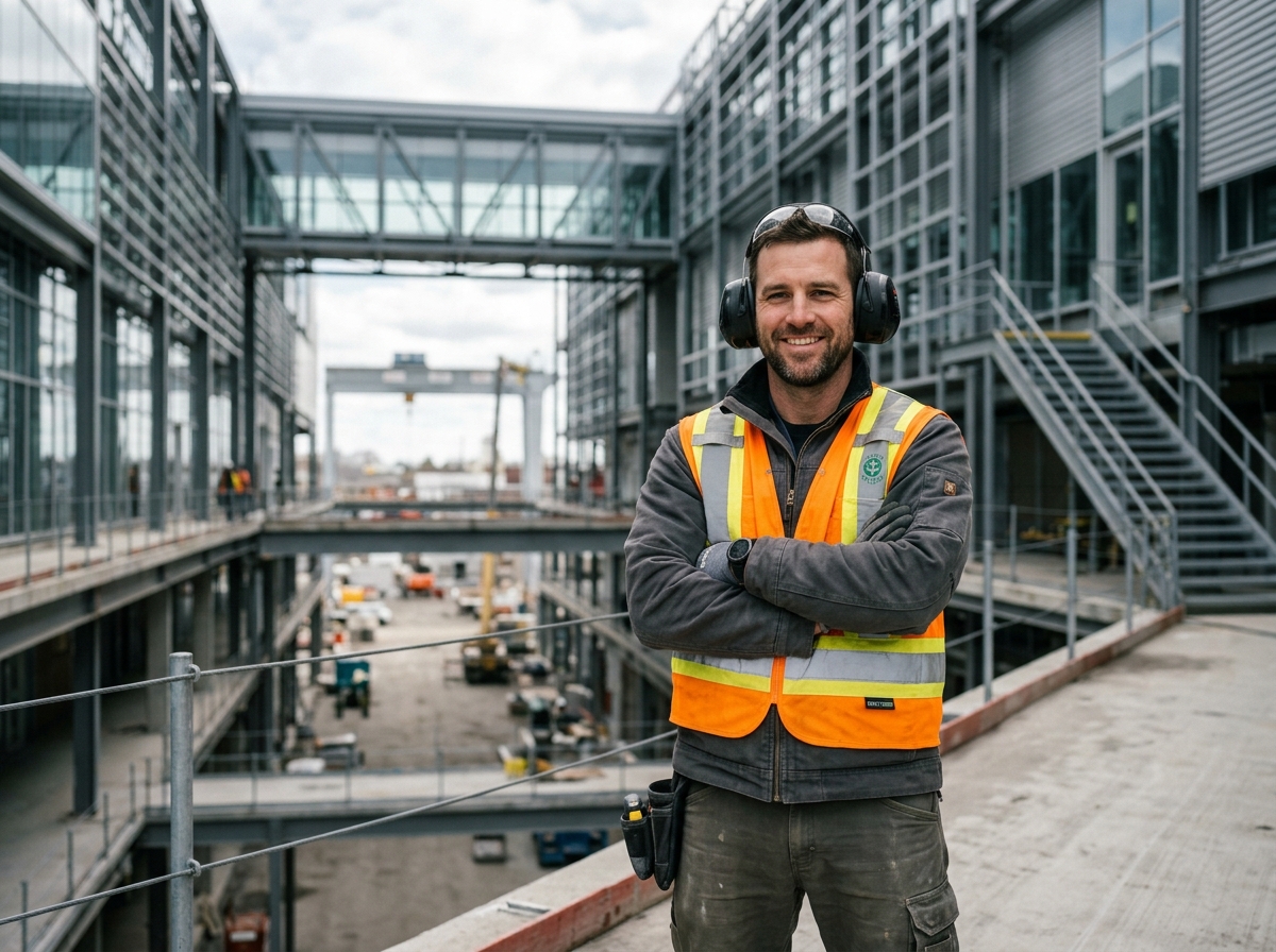 Australian industrial tradesperson with protective ear hearing muffs on a Victorian job site